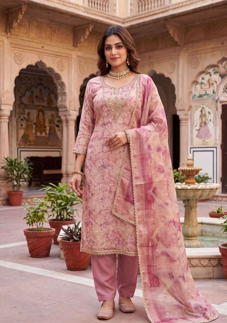 Blush Pink Embroidered Cotton Kurta Set - Indya