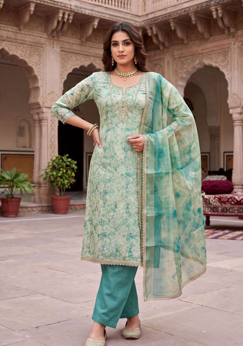 Seafoam Blue Embroidered Cotton Kurta Set - Indya