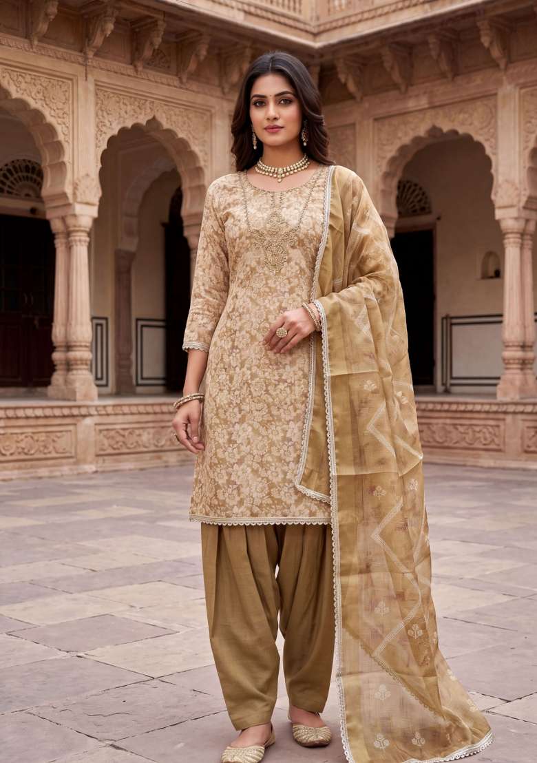Champagne Gold Embroidered Cotton Kurta Set - Indya