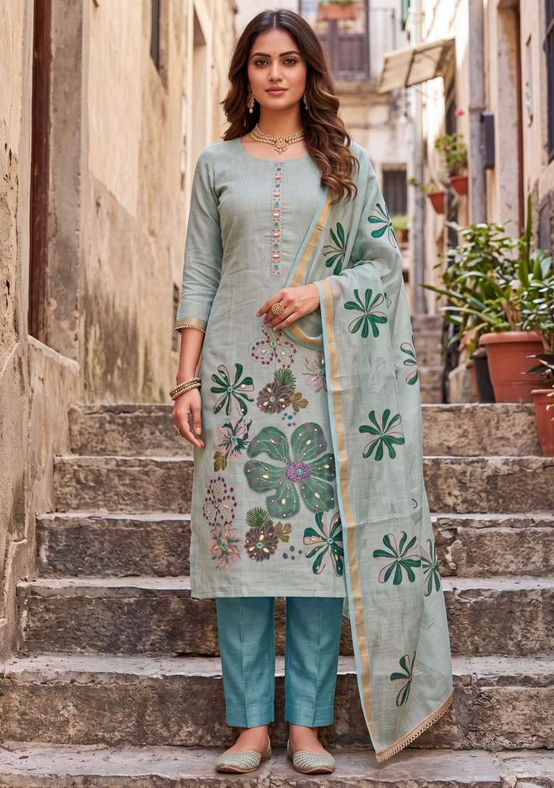 Powder Blue Embroidered Cotton Kurta Set - Indya