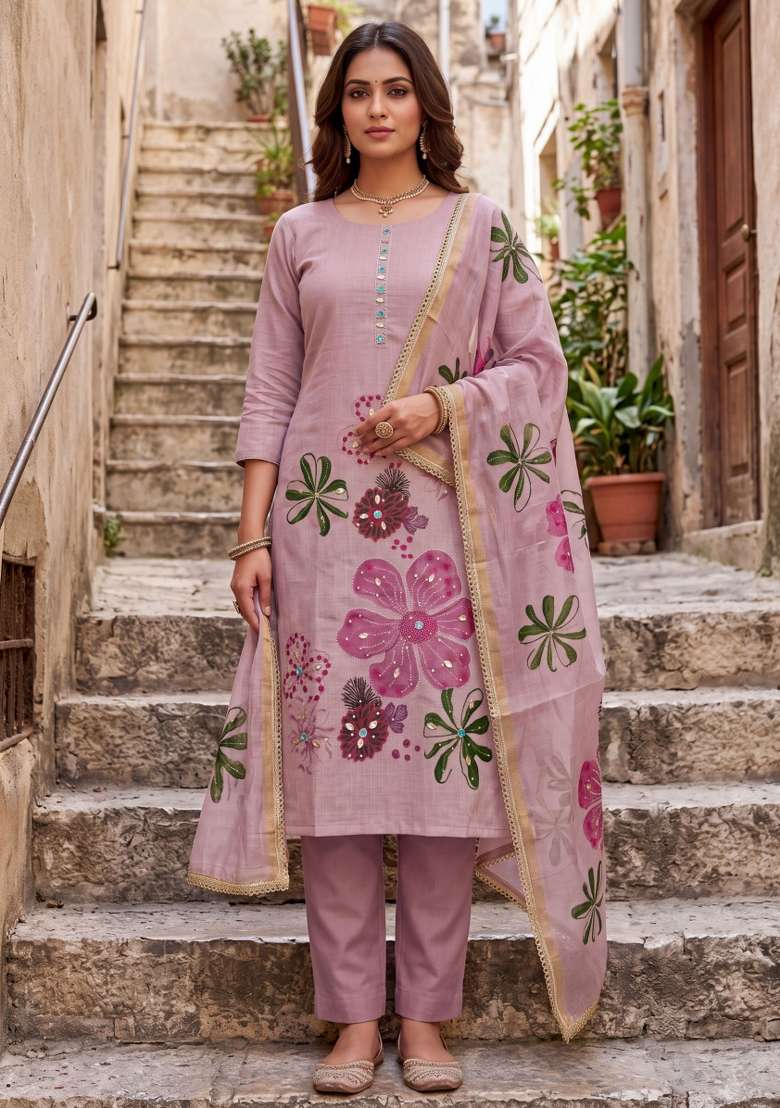 Lavender Embroidered Cotton Kurta Set - Indya