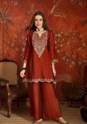 Rich Crimson Red Embroidered Silk Kurta Set