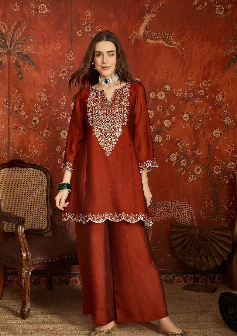 Rich Crimson Red Embroidered Silk Kurta Set - Indya