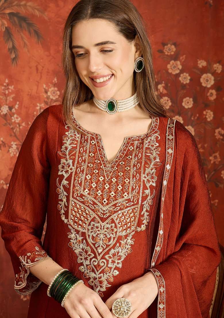 Rich Crimson Red Embroidered Silk Kurta Set - Indya