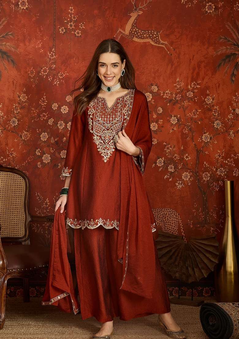 Rich Crimson Red Embroidered Silk Kurta Set - Indya