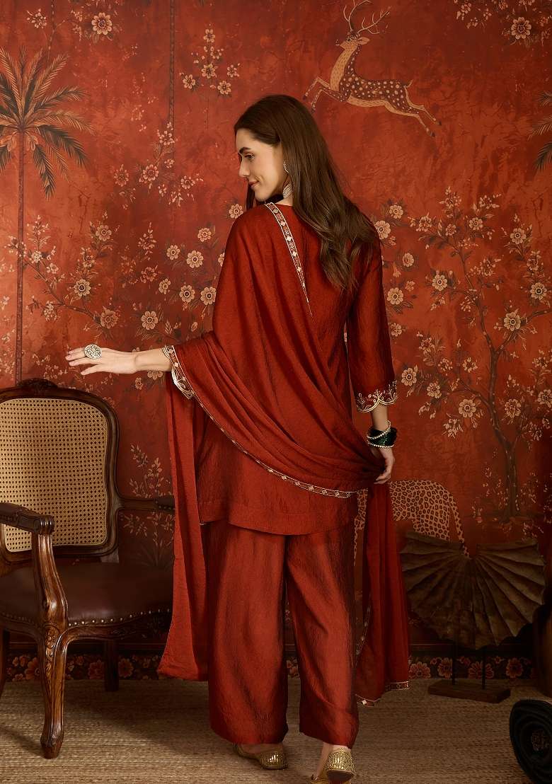 Rich Crimson Red Embroidered Silk Kurta Set - Indya