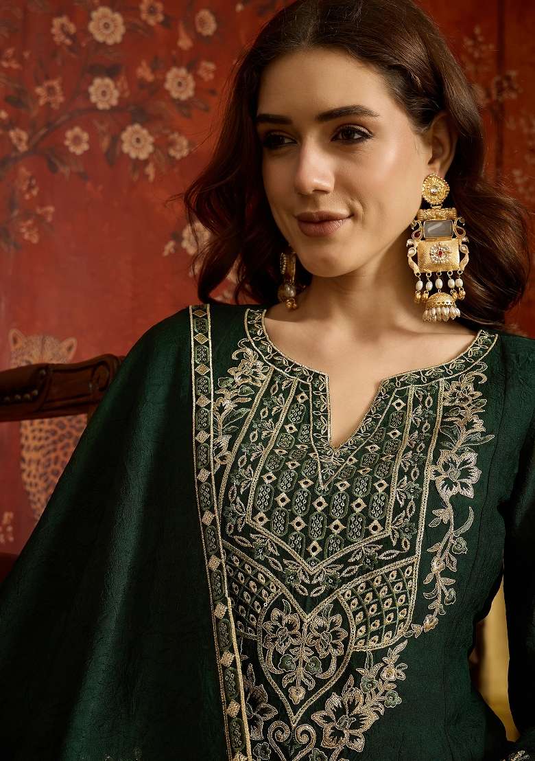 Deep Emerald Green Embroidered Silk Kurta Set - Indya