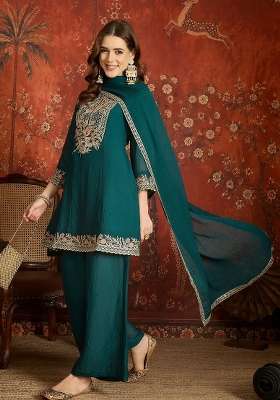 Teal And Sea Green Embroidered Silk Kurta Set