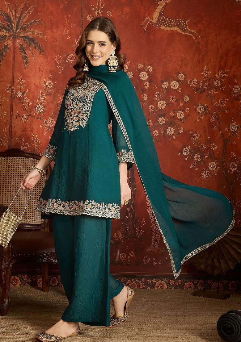 Teal And Sea Green Embroidered Silk Kurta Set - Indya