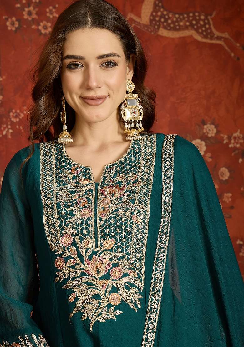 Teal And Sea Green Embroidered Silk Kurta Set - Indya