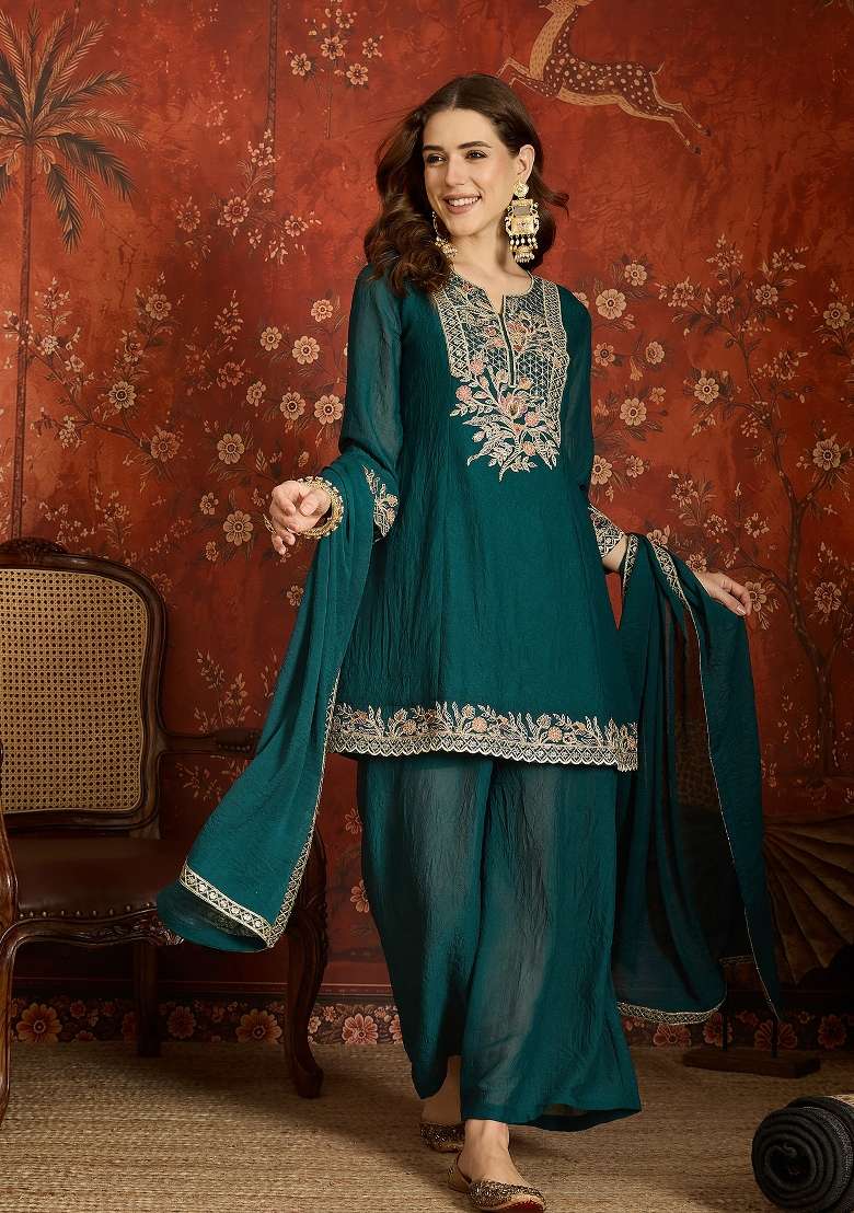 Teal And Sea Green Embroidered Silk Kurta Set - Indya