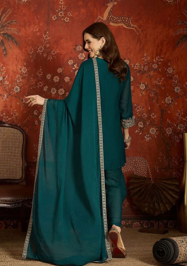 Teal And Sea Green Embroidered Silk Kurta Set - Indya