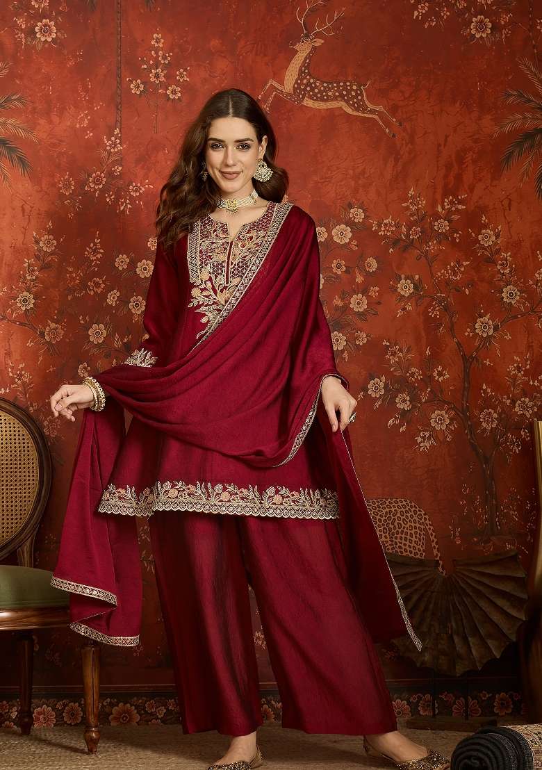 Wine Red And Maroon Embroidered Silk Kurta Set - Indya