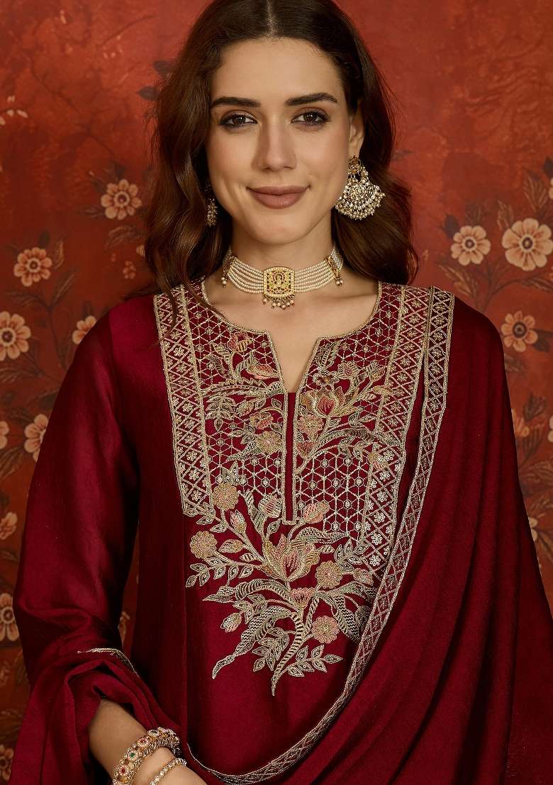 Wine Red And Maroon Embroidered Silk Kurta Set - Indya