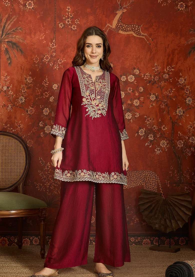 Wine Red And Maroon Embroidered Silk Kurta Set - Indya