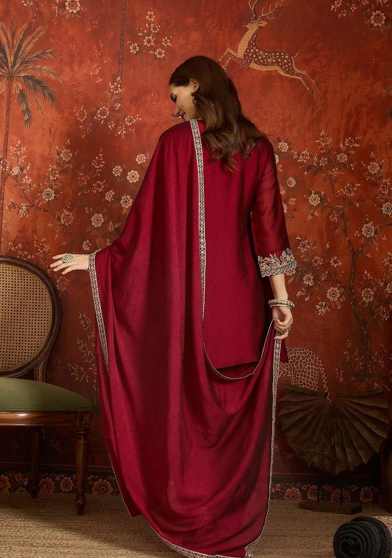 Wine Red And Maroon Embroidered Silk Kurta Set - Indya