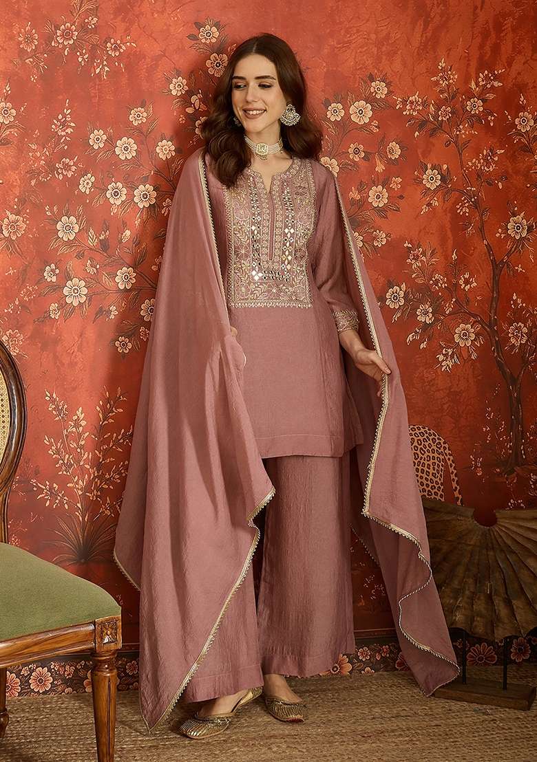 Soft Dusty Rose Embroidered Silk Kurta Set - Indya