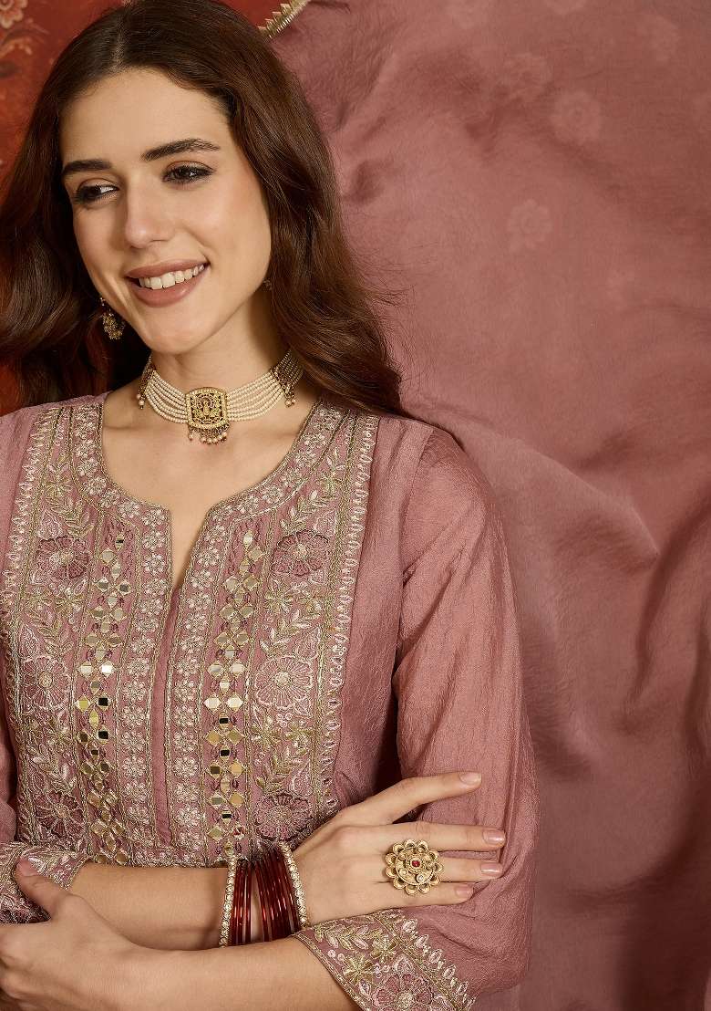 Soft Dusty Rose Embroidered Silk Kurta Set - Indya