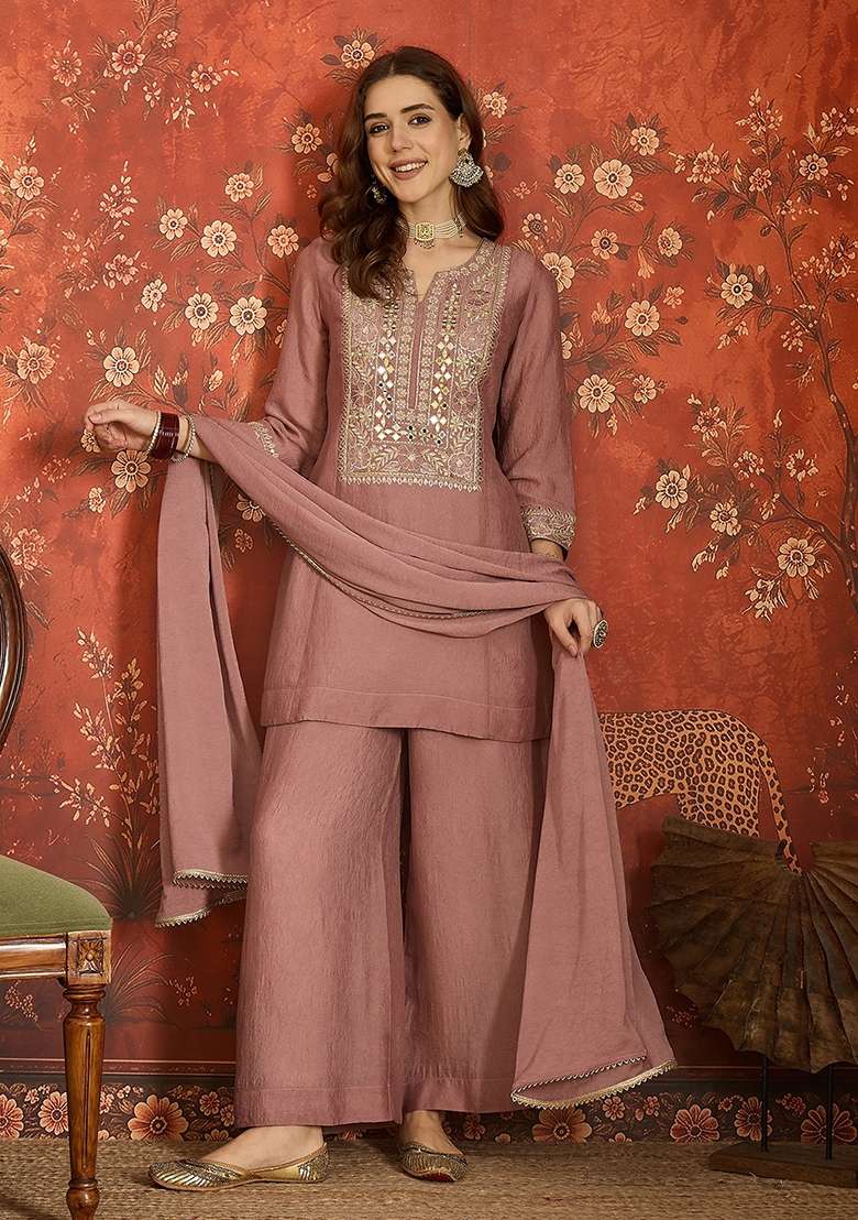 Soft Dusty Rose Embroidered Silk Kurta Set - Indya