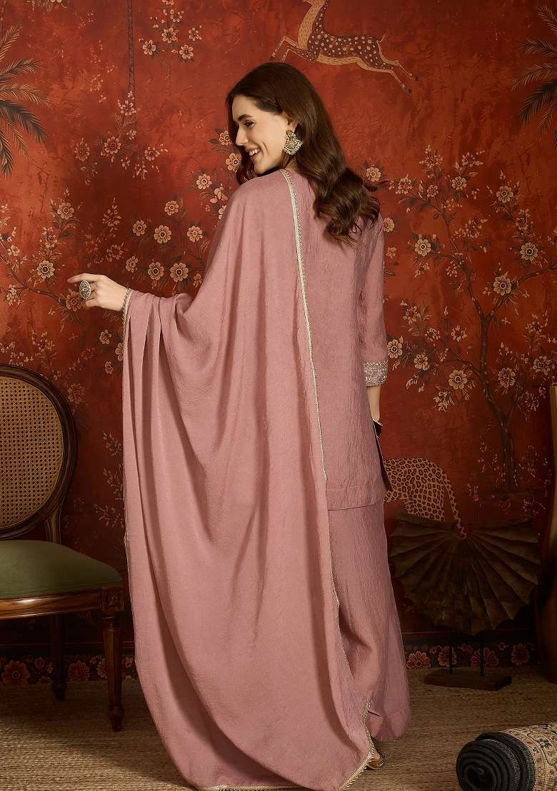 Soft Dusty Rose Embroidered Silk Kurta Set - Indya