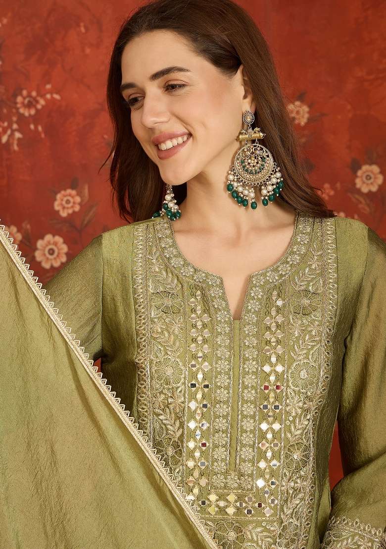 Olive And Mehendi Green Embroidered Silk Kurta Set - Indya