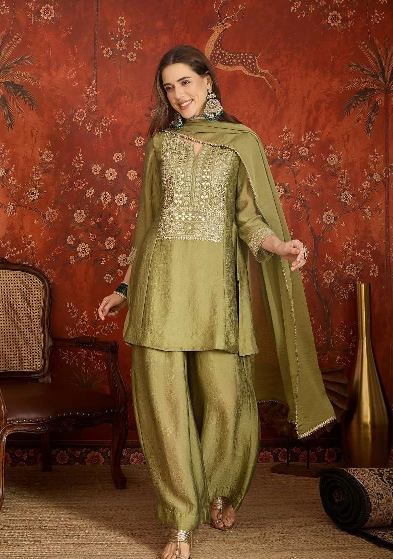 Olive And Mehendi Green Embroidered Silk Kurta Set - Indya