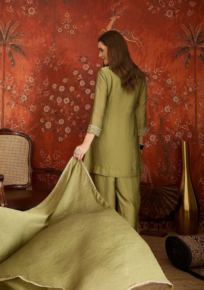 Olive And Mehendi Green Embroidered Silk Kurta Set - Indya