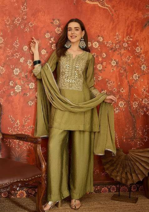 Olive And Mehendi Green Embroidered Silk Kurta Set