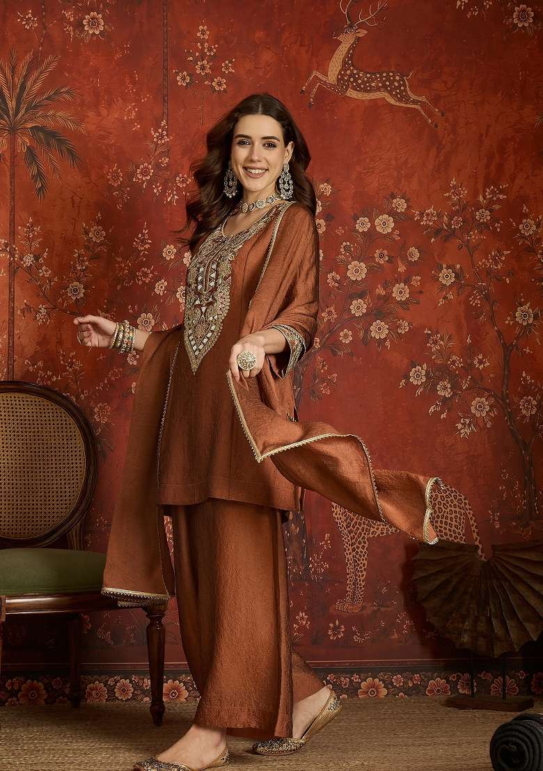 Rust Copper And Bronze Brown Embroidered Silk Kurta Set - Indya