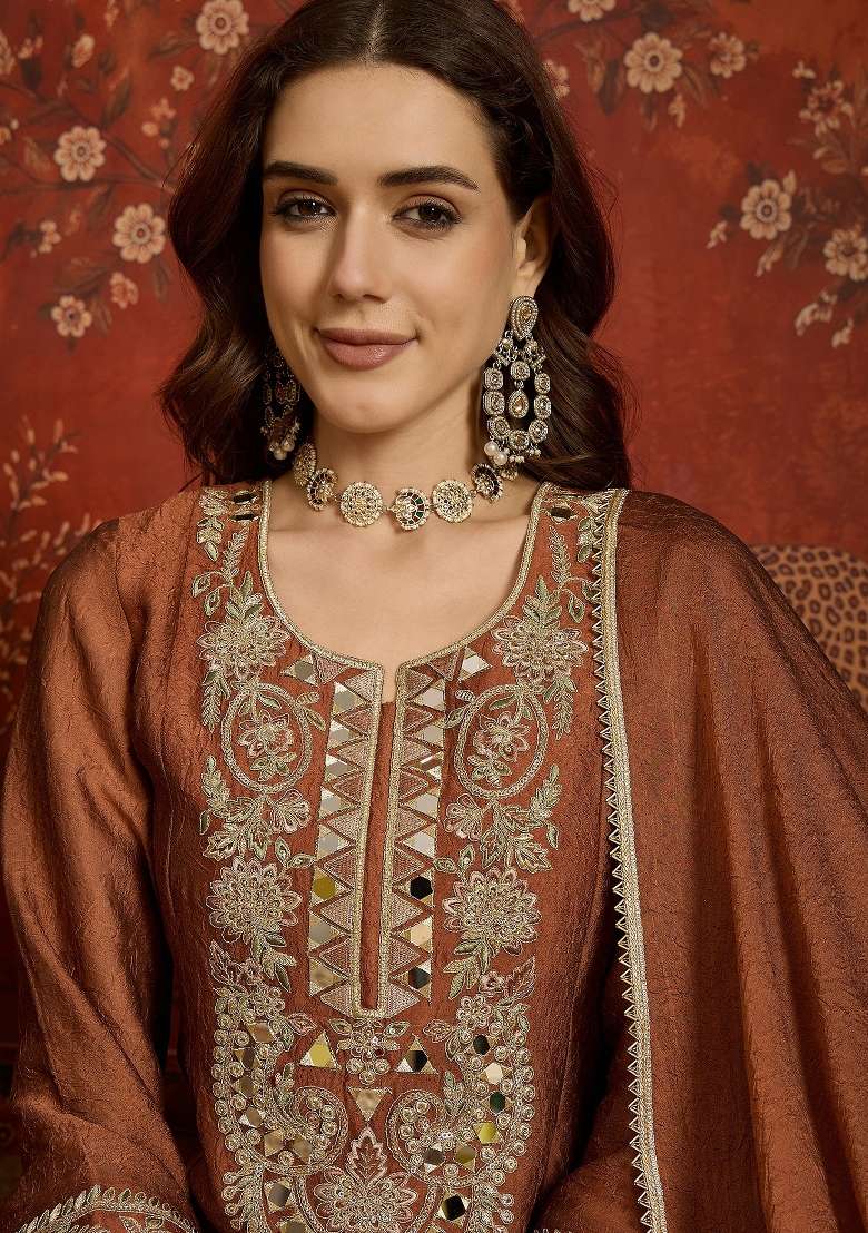 Rust Copper And Bronze Brown Embroidered Silk Kurta Set - Indya