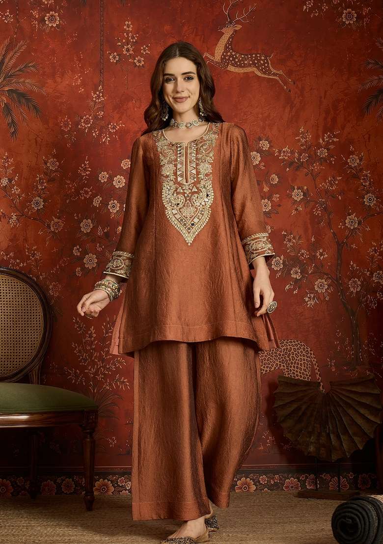 Rust Copper And Bronze Brown Embroidered Silk Kurta Set - Indya