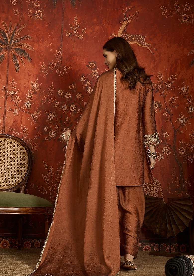 Rust Copper And Bronze Brown Embroidered Silk Kurta Set - Indya