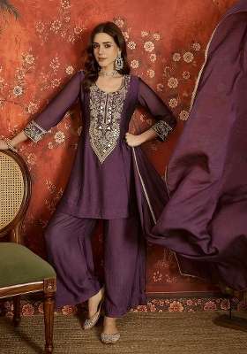 Deep Purple And Violet Embroidered Silk Kurta Set
