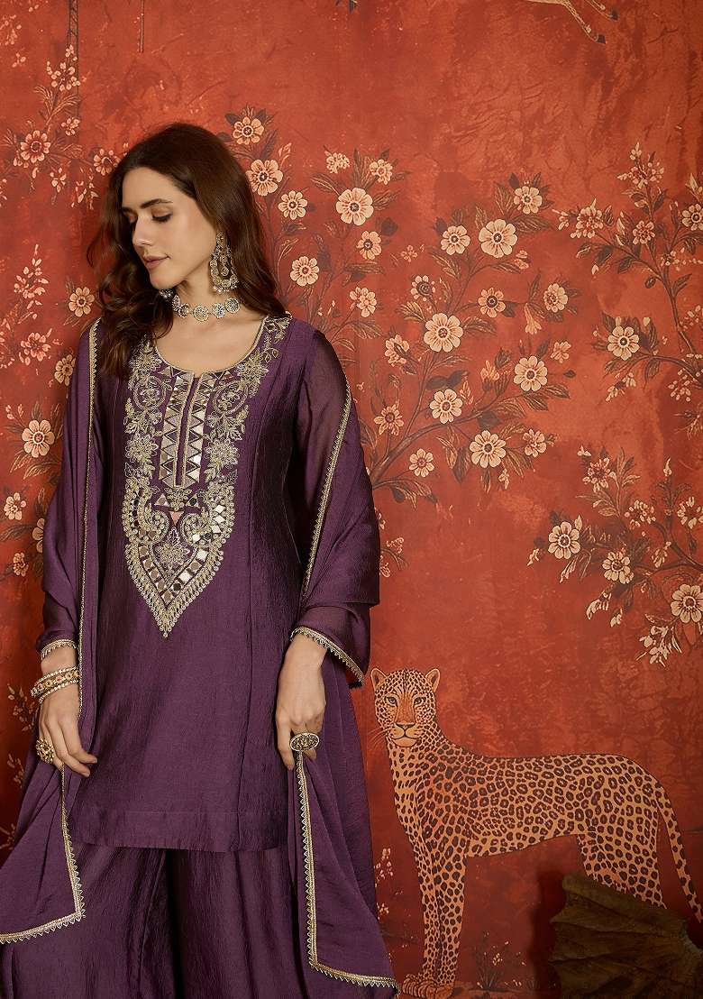 Deep Purple And Violet Embroidered Silk Kurta Set - Indya