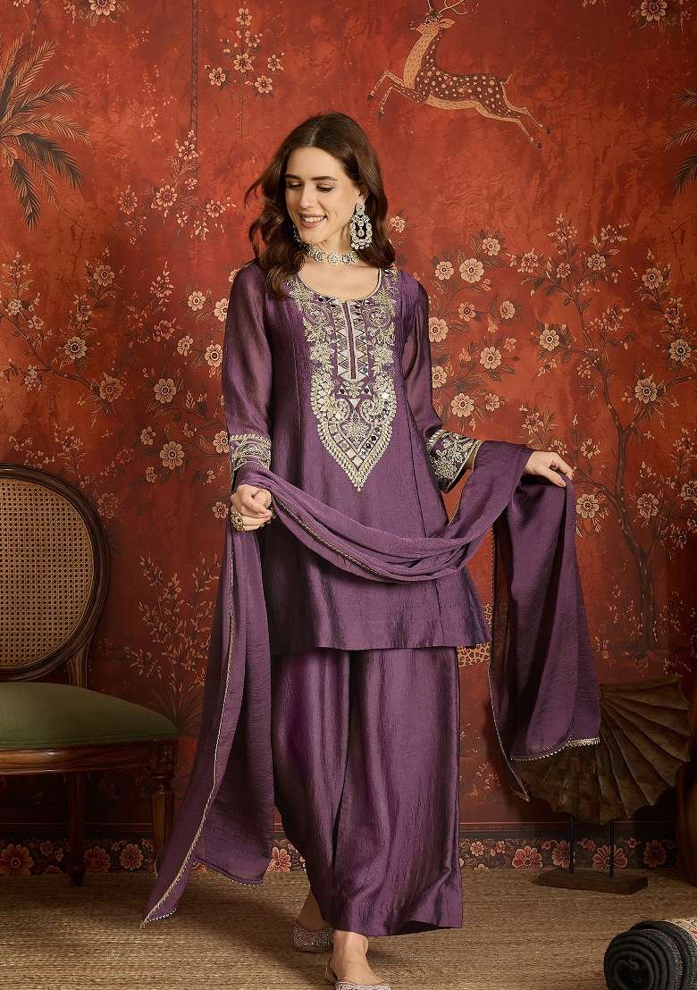 Deep Purple And Violet Embroidered Silk Kurta Set - Indya