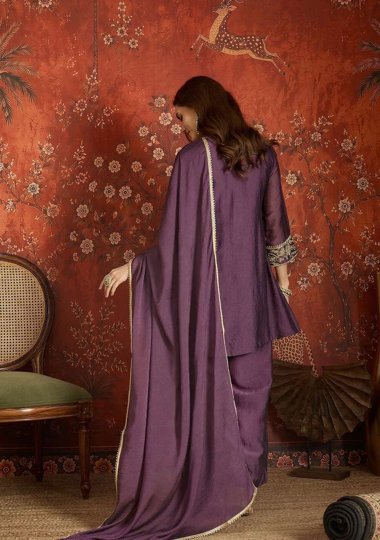 Deep Purple And Violet Embroidered Silk Kurta Set - Indya
