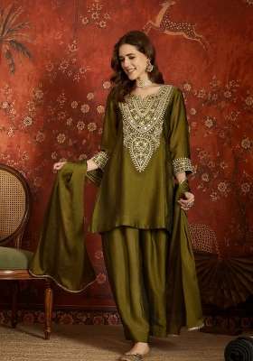 Moss Green Embroidered Silk Kurta Set