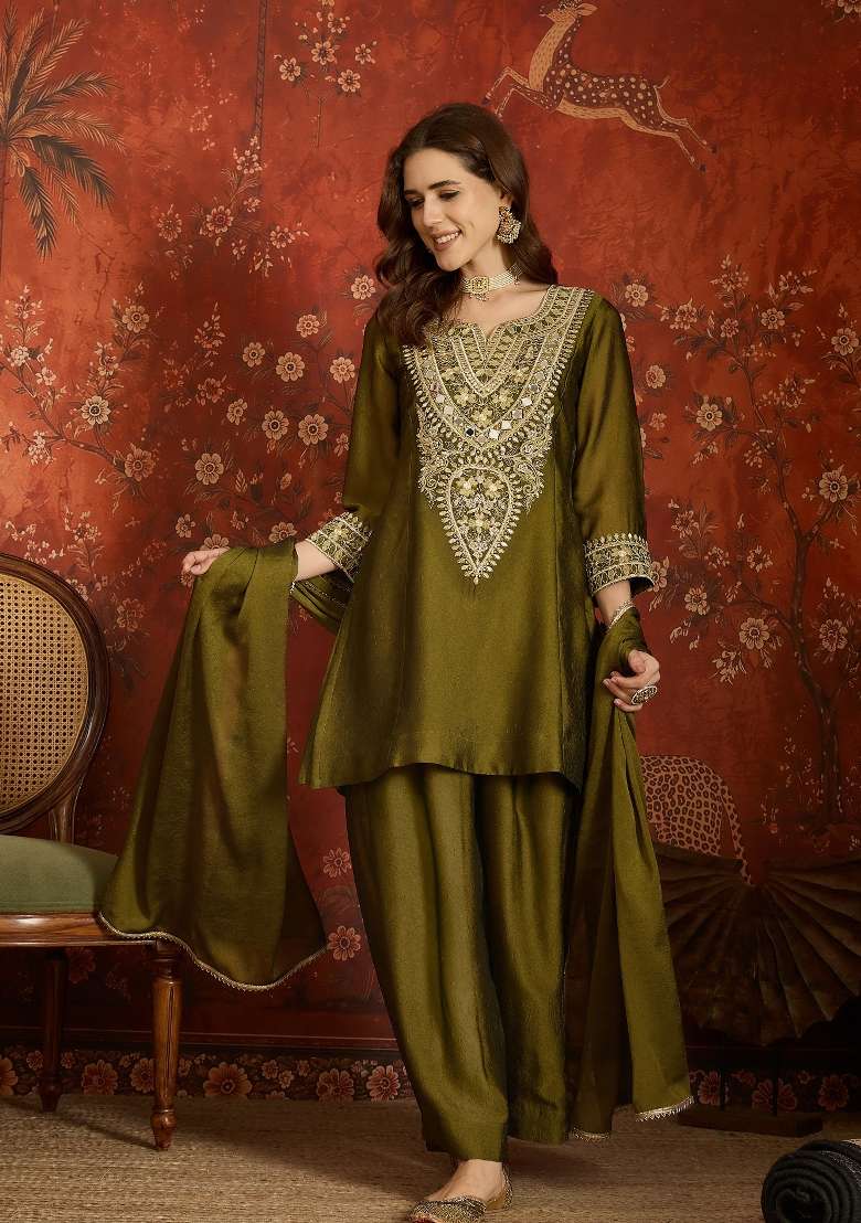 Moss Green Embroidered Silk Kurta Set - Indya