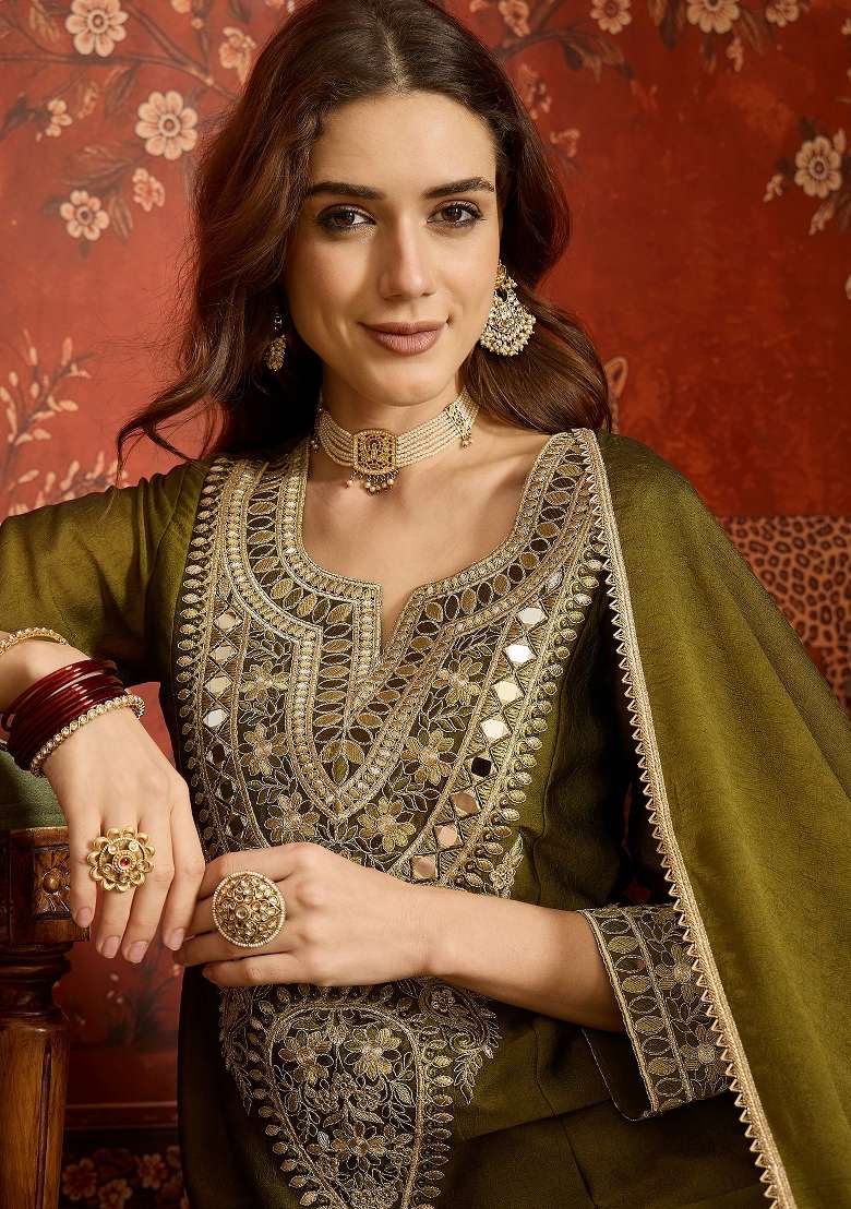 Moss Green Embroidered Silk Kurta Set - Indya