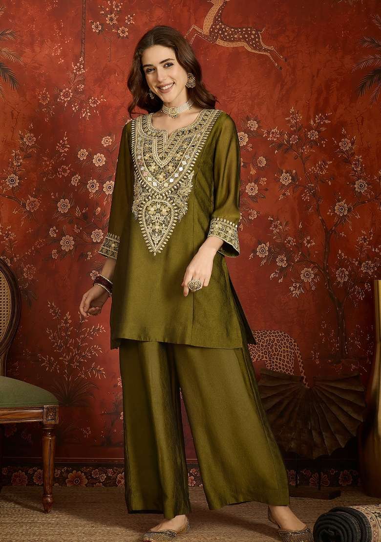 Moss Green Embroidered Silk Kurta Set - Indya