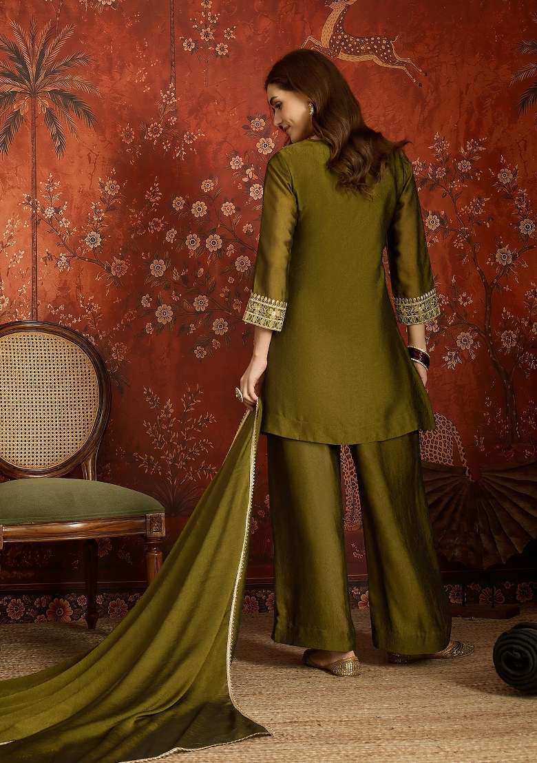 Moss Green Embroidered Silk Kurta Set - Indya