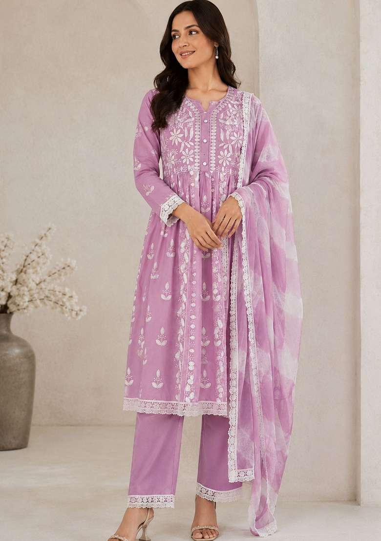 Pastel Lilac Embroidered Rayon Kurta Set - Indya