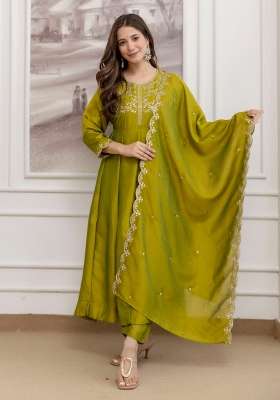 Mustard Olive Embroidered Vichitra Kurta Set