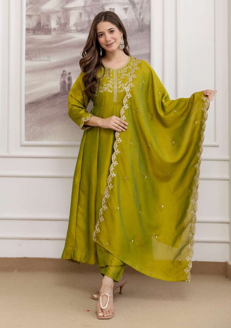 Mustard Olive Embroidered Vichitra Kurta Set - Indya