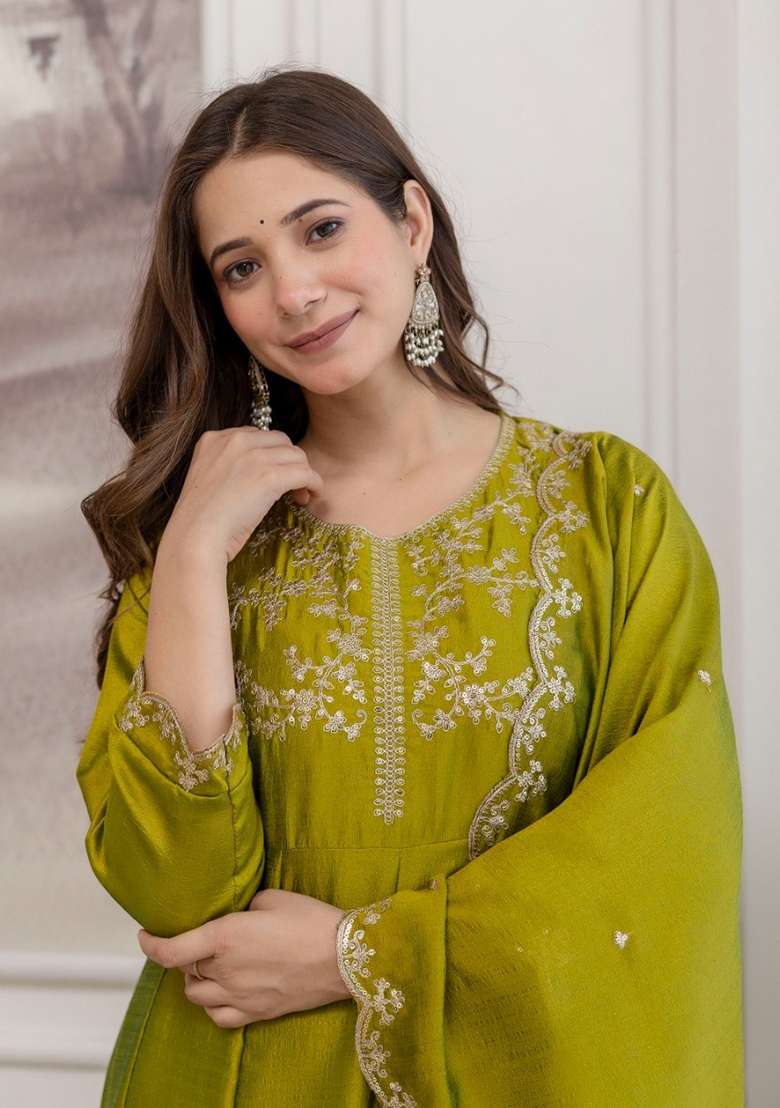 Mustard Olive Embroidered Vichitra Kurta Set - Indya