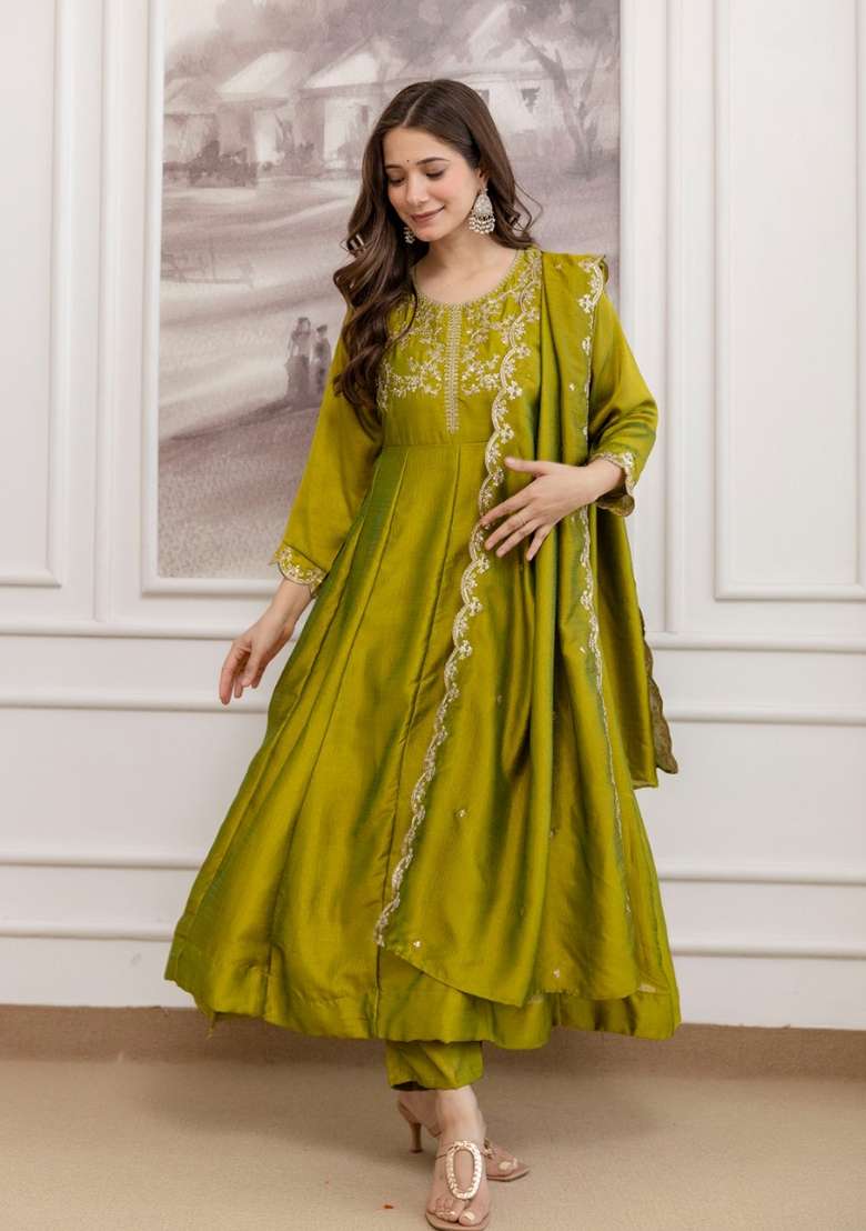 Mustard Olive Embroidered Vichitra Kurta Set - Indya