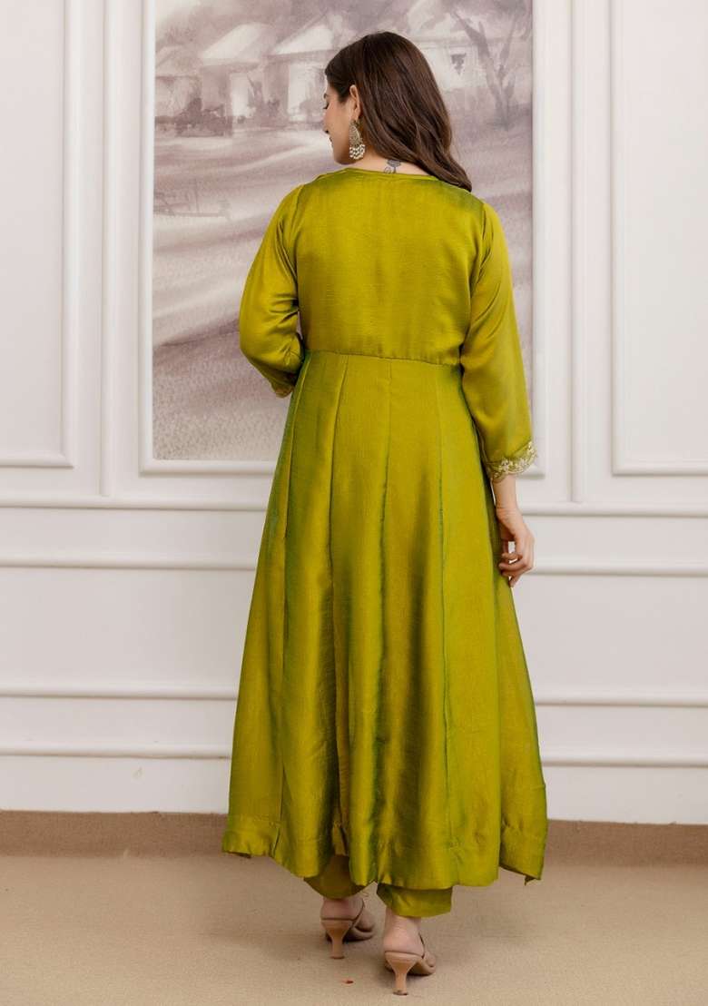 Mustard Olive Embroidered Vichitra Kurta Set - Indya