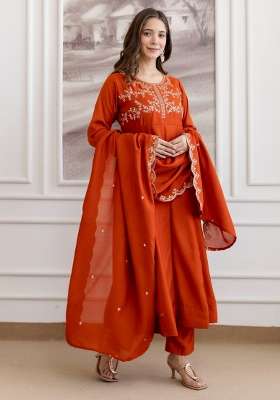 Rust Embroidered Vichitra Kurta Set