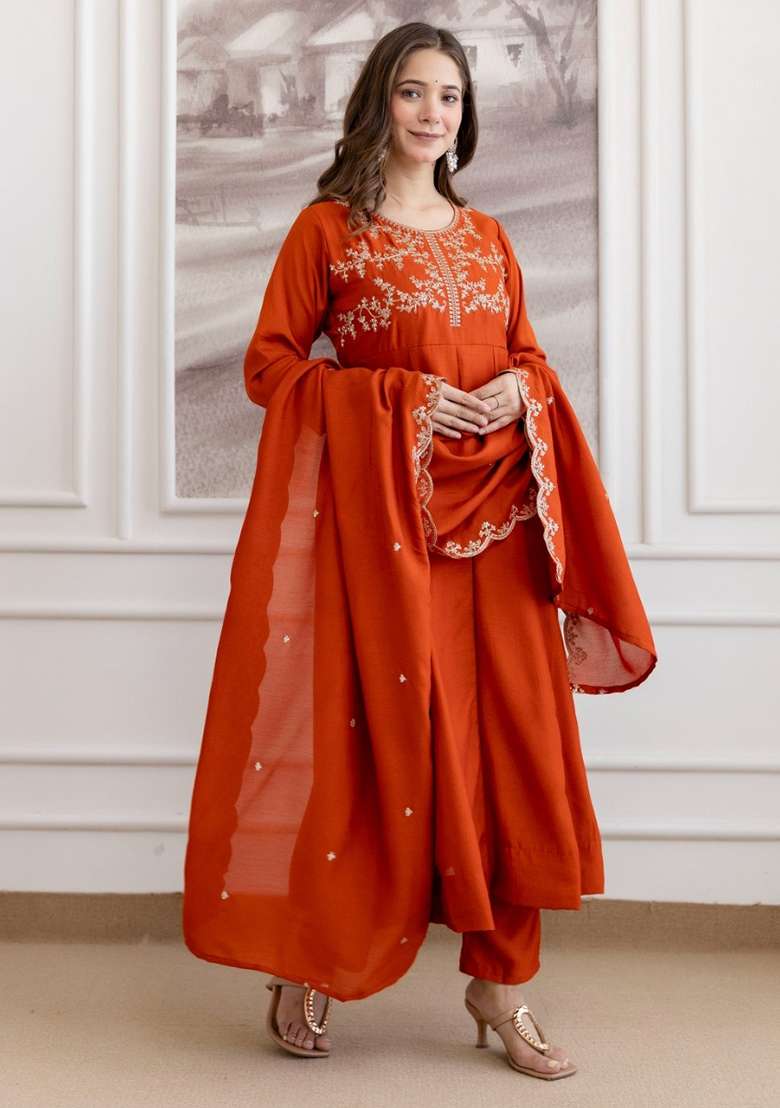 Rust Embroidered Vichitra Kurta Set - Indya