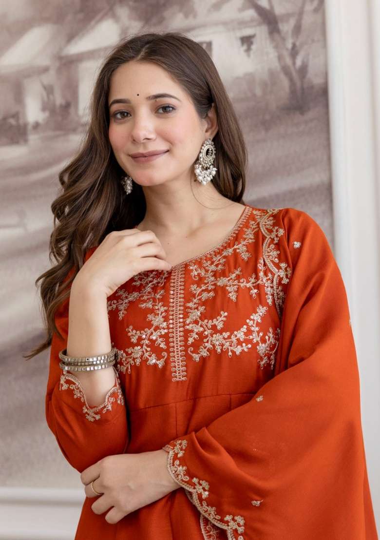 Rust Embroidered Vichitra Kurta Set - Indya